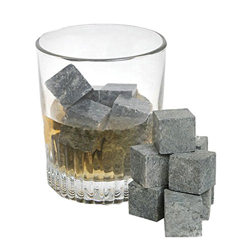 PCWS 9 Stück Whiskey Steine aus natürlichem Granit | MIT Beutel | In Grau | Wiederverwendbare Whiskysteine, Whiskey Stones, Würfel, Kühlsteine | Ideal für Vodka, Gin, Cocktail, Coktail - 3