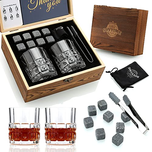 Whisky Steine Whisky Gläser, 2 Gläser, 8 Granit Whisky Eiswürfel, Holz Geschenkbox Geschenk für Whisky Liebhaber/Männer/Weihnachten/Geburtstag/Vatertag(310ml)
