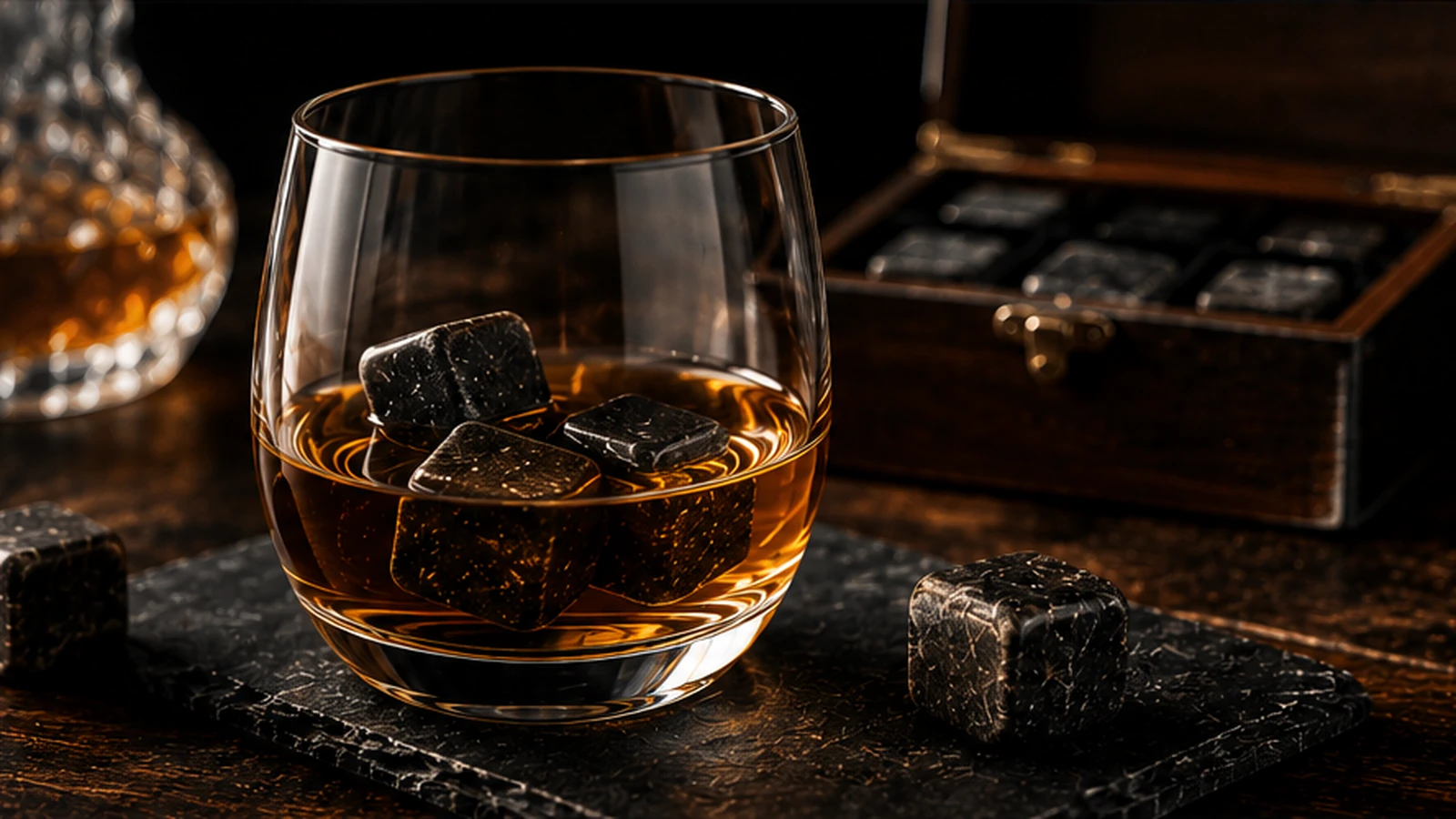 Illustrative Darstellung eines Whiskyglases mit dunklen Whiskysteinen